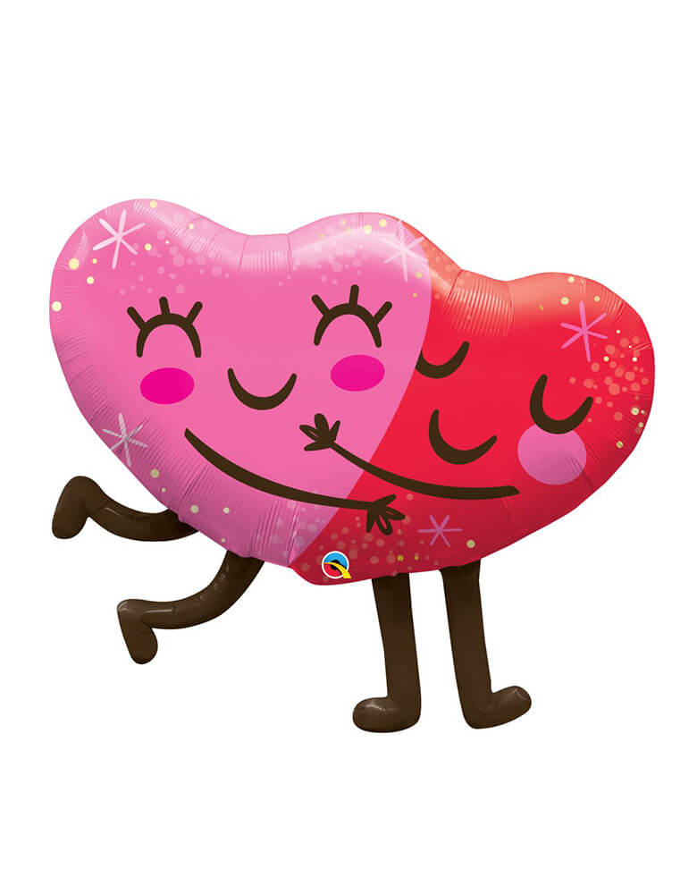 Momo Party 36" Hugging Hearts Foil Balloon by Qualatex Balloons in pink and red with smiley faces, perfect for kids friendly Valentine's Day celebration!