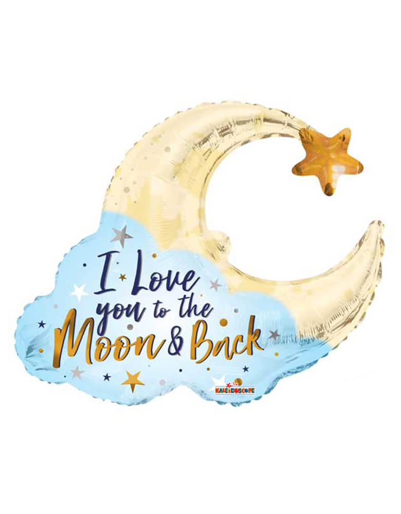Kaleidoscope - I Love You To The Moon & Back Foil Balloon. This 36 inches foil balloon featuring a golden moon with star on top with "I love you to the moon & back" text over the blue cloud. This sweet foil balloon is perfect for your little one on Valentine's Day celebration! Also perfect for a baby shower or Twinkle Twinkle Little Star themed party. 