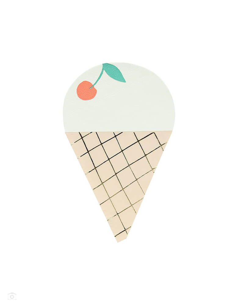 Ice Cream Napkins by Meri Meri. Featuring a charming ice cream die cut shaped napkin with cherry illustration with neon print and gorgeous gold foil detail. it will look super cool at ice cream party, summer party, or any fun modern paties
