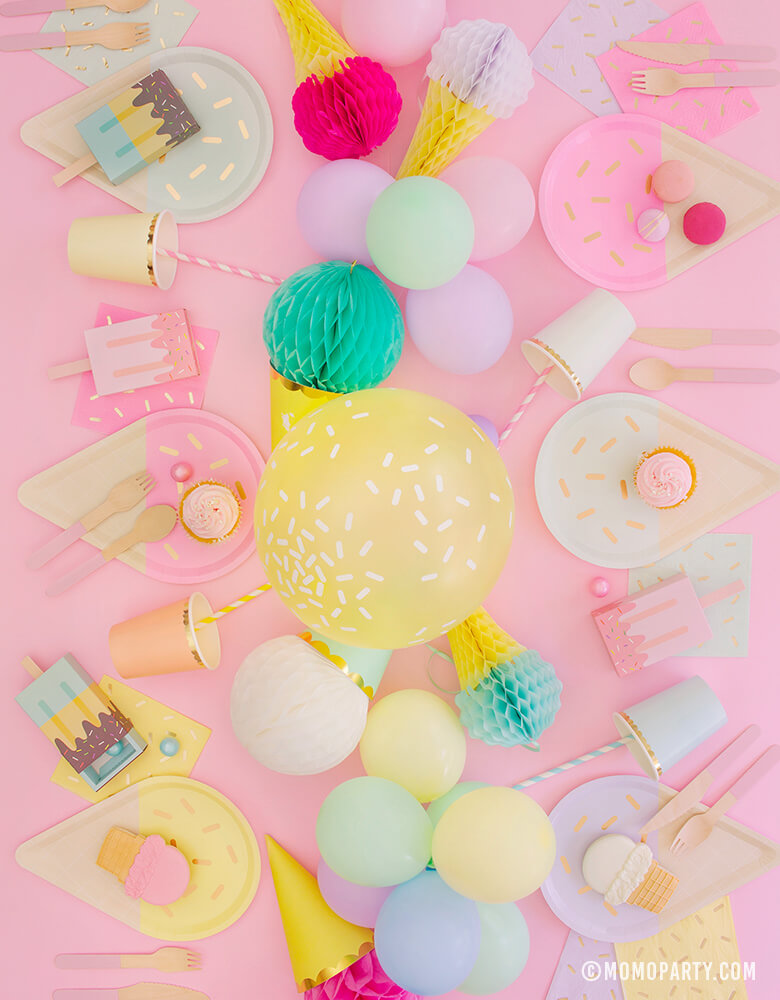 Summer Pastel Ice Cream themed Party Table Decoration with balloon centerpiece