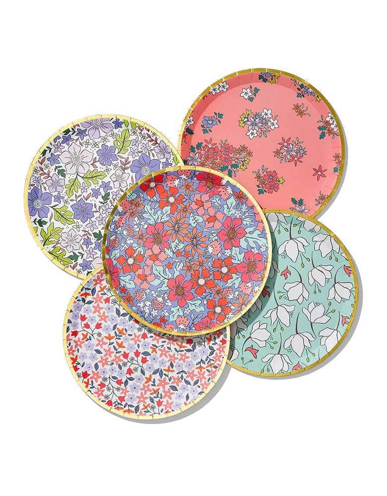 Coterie Party 9.25 inch In Full Bloom Large Plate Sets featuring colorful patterns for floral designs with a gold rim perfect for a garden themed party or and floral inspired celebration, i.e. bridal shower, Mother's Day celebration or baby shower