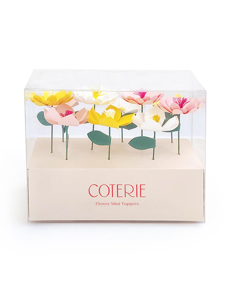Coterie - In Full Bloom Mini Toppers. Pack of 10. featuring handmade paper flower toppers with leaves. add an elegant floral touch to cupcakes, cakes or hors d'oeuvres. modern and unique cupcake and cake topper for your little one's tea party, garden party, fairy party, mother's day, easter celebration or any spring, flore themed party