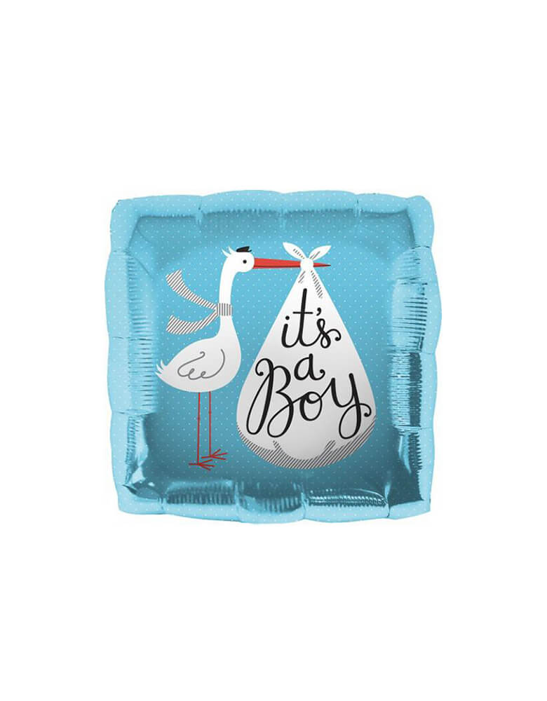 Northstar Balloons - It's a Boy Stork Foil Balloon. This 18 inch Square shaped balloon features a sweet stork carrying a bundle from its beak that reads "It's a Boy" in a light blue with white polka dots shaped foil balloon. Add this adorable balloon to your baby shower decorations!