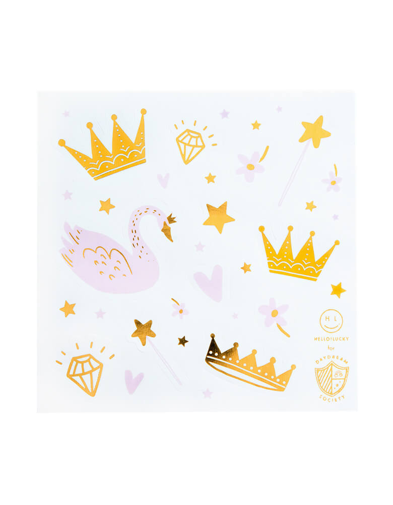 Day Dream Society & Jollity Co. Sweet Princess Sticker Set (Set of 4). Illustrated by Hello!Lucky Pretty in pink! Featuring blush pink and white paired with gold foil-pressed elements, these stickers are royally rad. We adore them for a swan princess party!