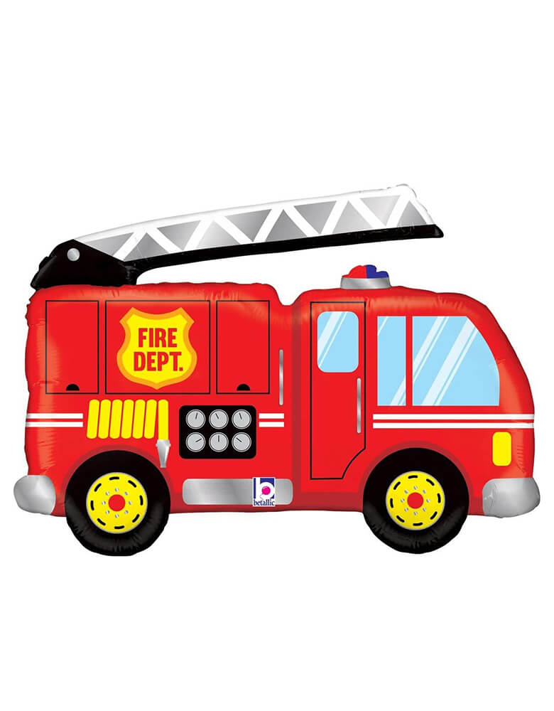 Betallic balloon - 40 inches Jumbo Fire Truck Foil Balloon. Featuring a double-sided design, this fire truck shaped balloon with with "Fire Dept" sign on the car body. This is perfect For the fire truck loving birthday, or for the community fire station, this is a giant wide fire truck balloon. Balloon design show the red fire truck with hose, extension ladder and emergency lights.