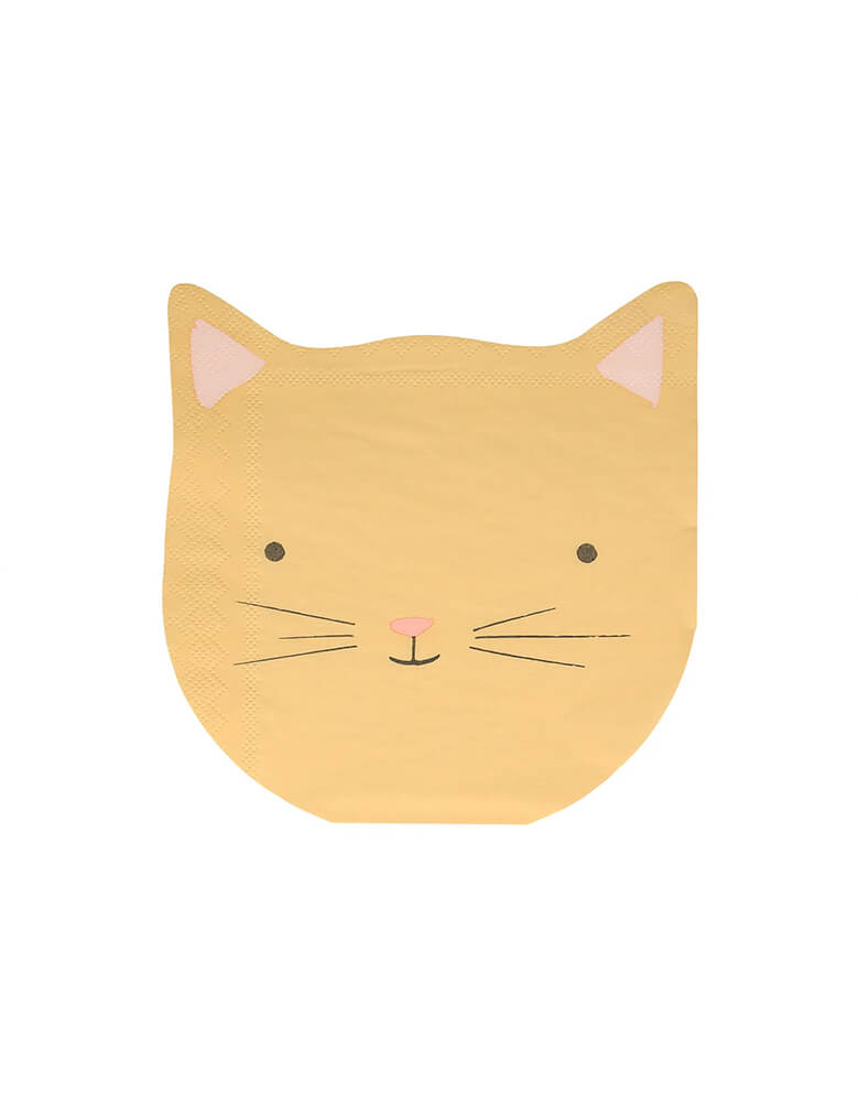 Momo Party's 6" kitten face shaped napkins by Meri Meri, comes in a set of 16 napkins in 4 pastel colors of dusty blue, dusty pink, ivory and peach, these cat head shaped napkins are prefect for kid's kitten or cat themed birthday party celebration.