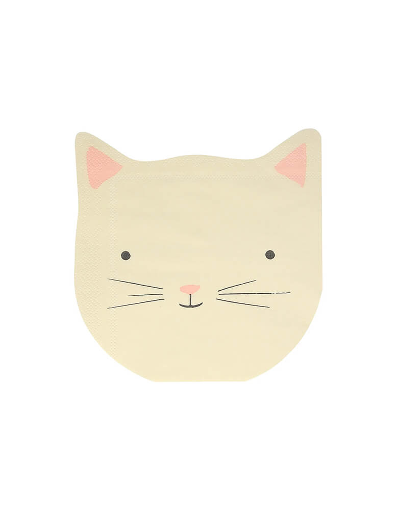 Momo Party's 6" kitten face shaped napkins by Meri Meri, comes in a set of 16 napkins in 4 pastel colors of dusty blue, dusty pink, ivory and peach, these cat head shaped napkins are prefect for kid's kitten or cat themed birthday party celebration.