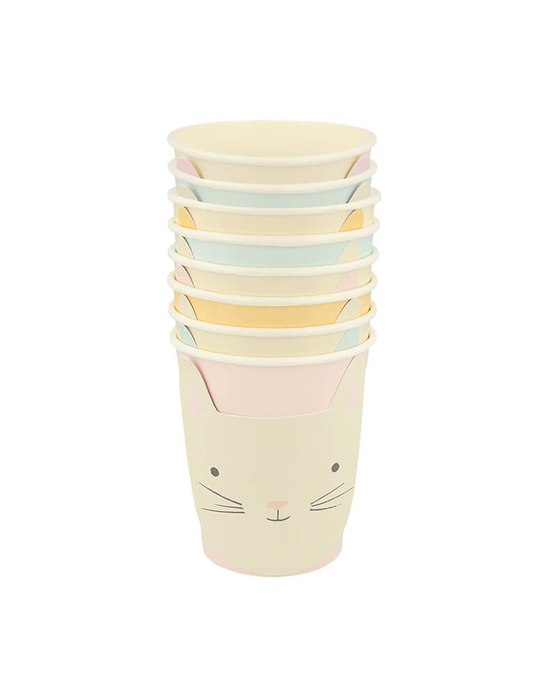 Momo Party's 9 oz kitten party cups by Meri Meri, comes in a set of 8 cups with adorable illustrations of cats in four different pastel colors, including dusty pink, dusty blue, ivory and peach they're perfect for kid's cat or kitten themed birthday party.