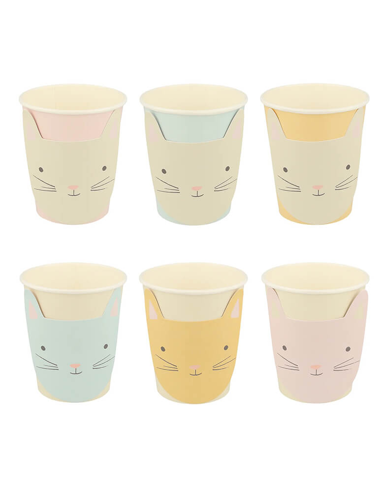 Momo Party's 9 oz kitten party cups by Meri Meri, comes in a set of 8 cups with adorable illustrations of cats in four different pastel colors, including dusty pink, dusty blue, ivory and peach they're perfect for kid's cat or kitten themed birthday party.