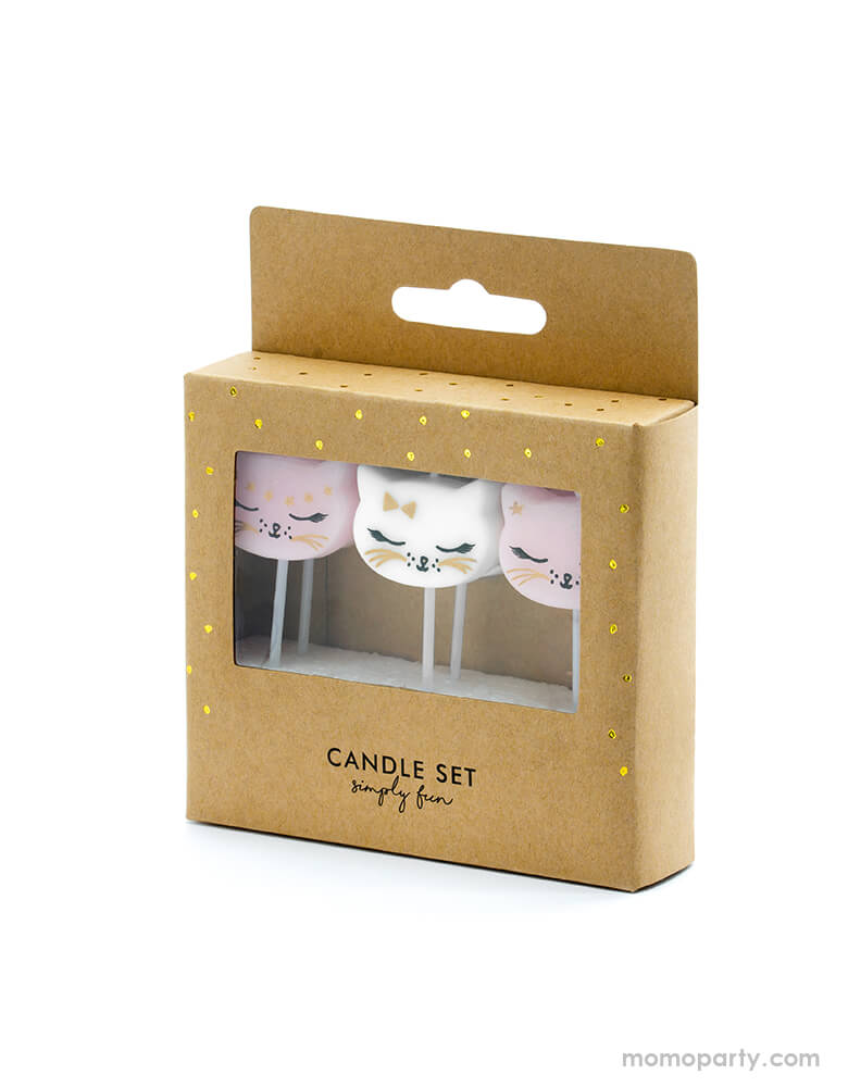 Party Deco - Kitty Cat Birthday Candles in a eco friendly paper package. Pack of 6 candles: 4 pink & 2 white cat head shape with gold stars details