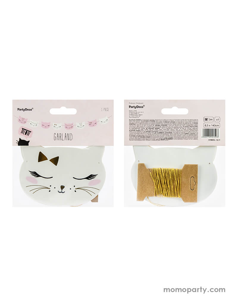 Party deco Kitty Cat Garland in a clear packaging, Comes with cute cats banners in pink and white designs and gold foil twine for easy stringing and hanging .