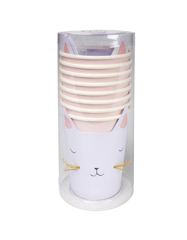 Meri Meri Cat with Whiskers Cups. Pack of 8 in a clear tube package. These charming cat party cups feature an adorable illustrated face, complete with delicate whiskers and perky ears. Pink with cat sleeves Gold thread detail. Super delightful to drink out of! Suitable for hot & cold drinks.