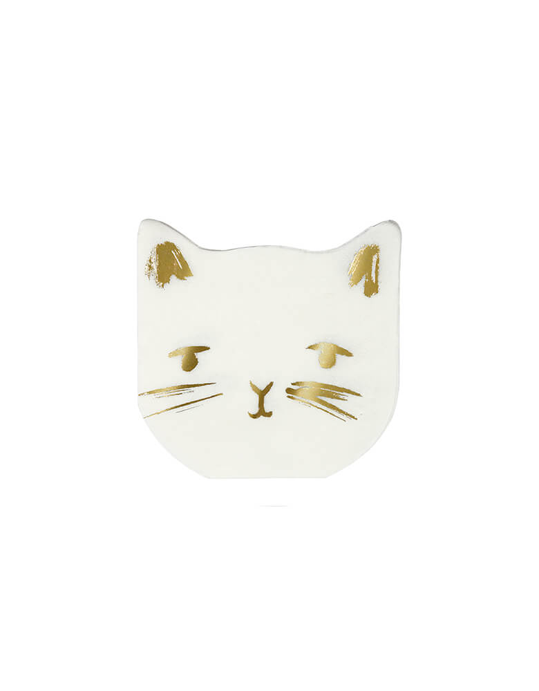 Meri Meri Cat napkins, Set of 20. This cat napkins feature an adorable illustrated cat face die cut shape, complete with delicate whiskers picked out in shimmering gold foil. they'll look purrfect on the party table of a Cat themed birthday party, Kitty Cat party, Pet's party, Pet's birthday party, Girl themed birthday party