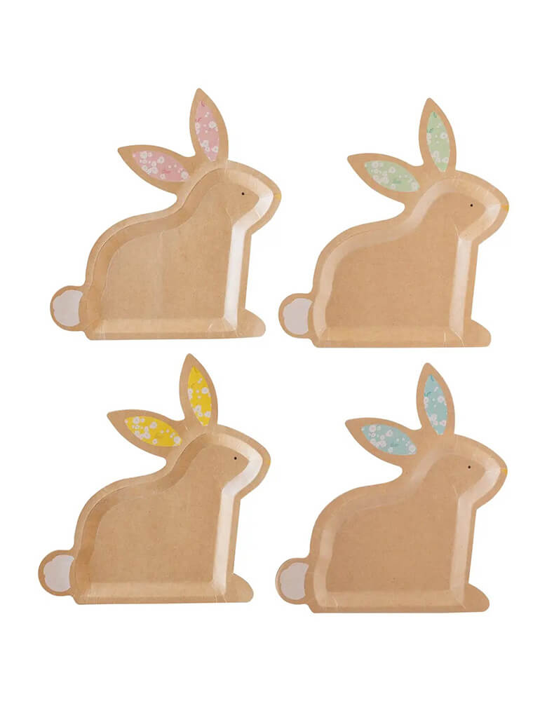 Momo Party's 9" X 10" kraft sitting bunny shaped plates by My Mind's Eye. Come in a set of 8 plates in 4 colors, designed with kraft paper, and die cut into sweet bunny shape, these party plates are the perfect touch that are sure to delight your guests!