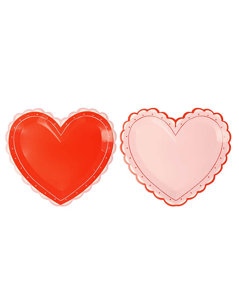 Momo Party's 8.25 x 7.375 inches Lacy Heart Small Plates in pink and red, set of 8 by Meri Meri, featuring beautiful lacy heart plates for a vintage romantic look. Perfect for Valentine's Day, weddings, engagements, anniversaries or bridal showers - or whenever you want to show your love.