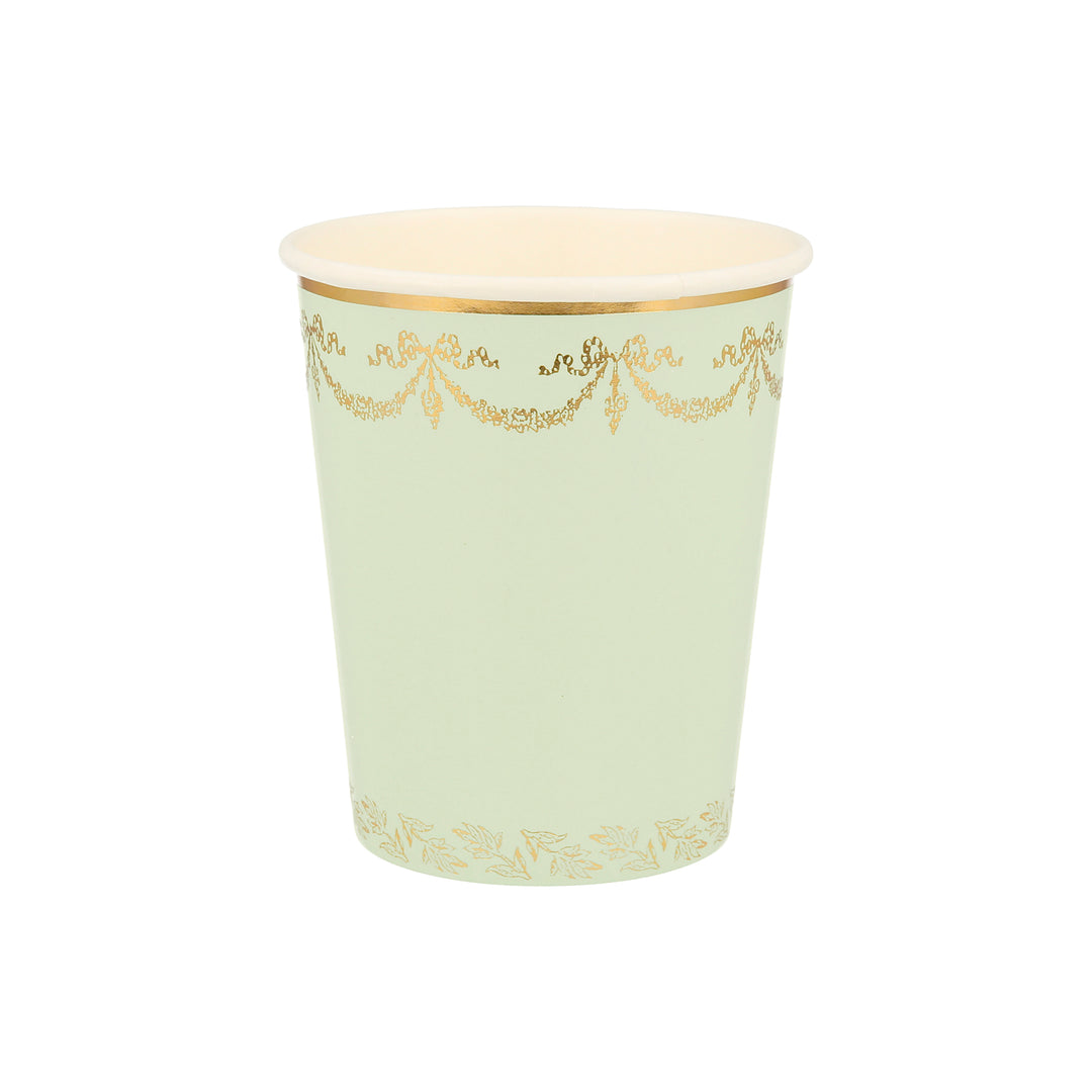 Momo Party Ladurée Paris Cups by Meri Meri collaboration with Laduree - the restaurant, tea room and macaron specialist.  Mint cups with exquisite colors, gold foil design and borders. Perfect for Ladurée lovers, afternoon tea party, mother's day celebration, girls party and any fancy celebration