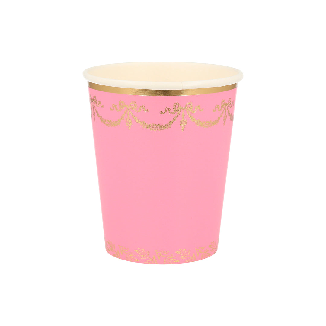 Momo Party Ladurée Paris Cups by Meri Meri collaboration with Laduree - the restaurant, tea room and macaron specialist.  Pink cups with exquisite colors, gold foil design and borders. Perfect for Ladurée lovers, afternoon tea party, mother's day celebration, girls party and any fancy celebration