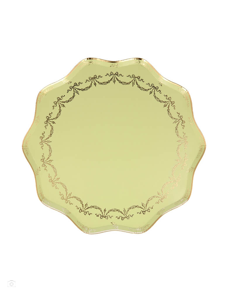 Ladurée Paris Dinner Plates by Meri Meri collaboration with Laduree, the restaurant, tea room and macaron specialist. Featuring Laduree gift box graphic shape in a PISTACHIO macarons color with Shiny gold foil details & scalloped borders. This party plates are perfect for Ladurée lovers, afternoon tea party, mother's day celebration, girls party and any fancy celebration