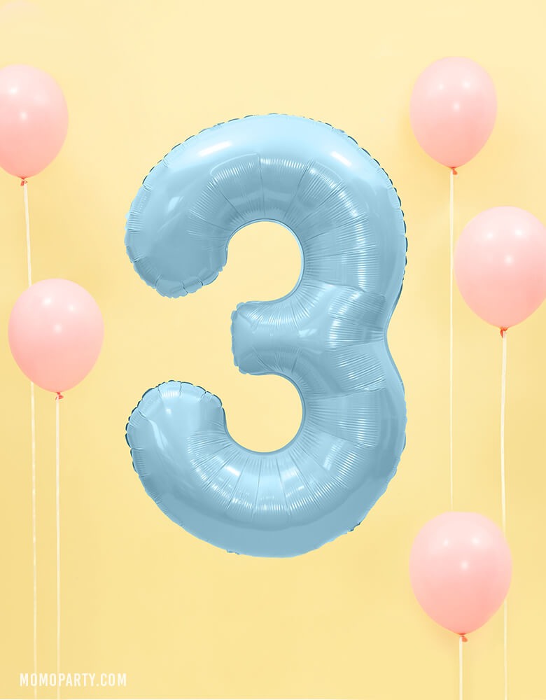 Party Deco - 34 inch - Large Number Pastel Blue Foil Mylar Balloon - Number 3 floating in the air with pastel pink latex balloon around for a 3 years old birthday party or 3rd anniversary celebration