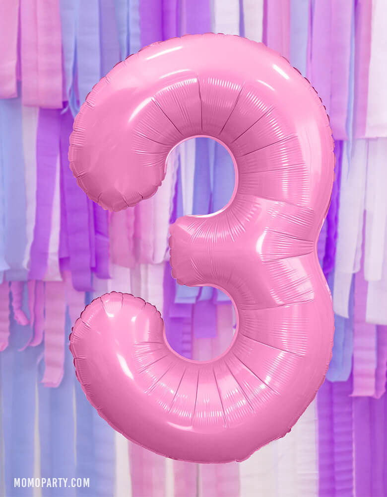 Party Deco - 34 inch - Large Number Pastel Pink Foil Mylar Balloon - Number 3 balloon floating in front of a pastel pink, blue and purple color paper streamer for a girls 3rd years birthday party, also prefect for a unicorn themed birthday party, mermaid birthday party, princess party, tea party