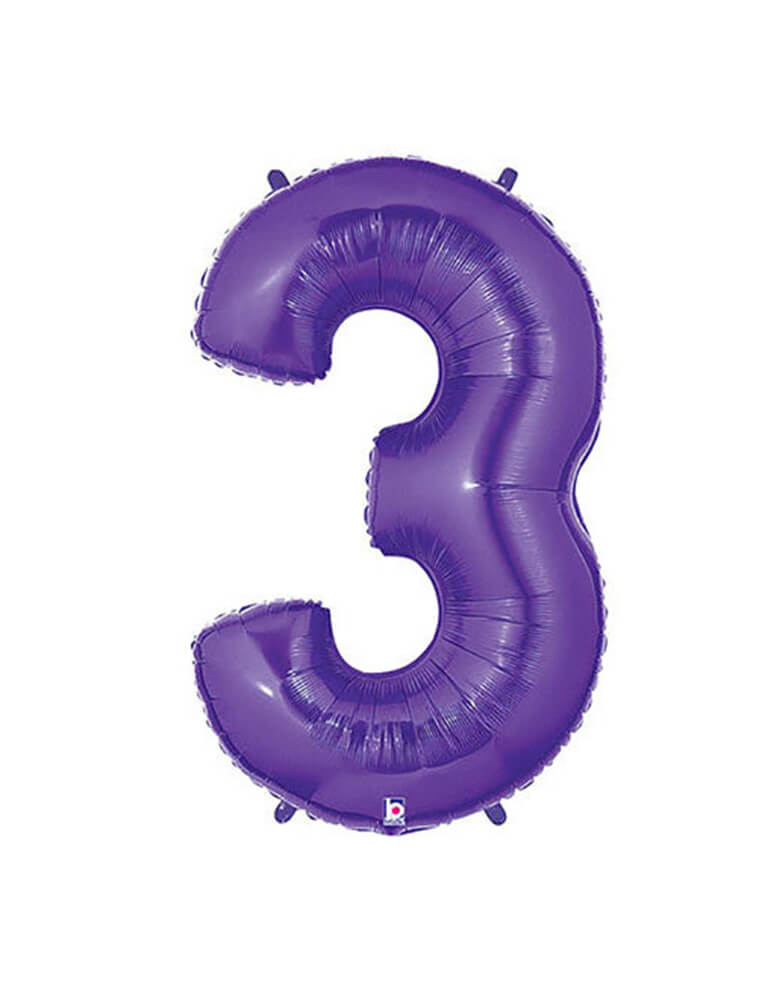Betallic Balloon - 40 inches Purple Megaloon foil mylar number balloons - Number 3. This Giant Balloon is the ultimate way to celebrate someone's birthday, milestone event, a couple's anniversary, the anniversary of a business and for marketing a special priced product at a business! Also Perfect for Encanto Party, Butterfly Party, unicorn party or any birthday party for girls. These huge balloons are great for bouquets, photo backdrops, on the top of balloon columns and more.