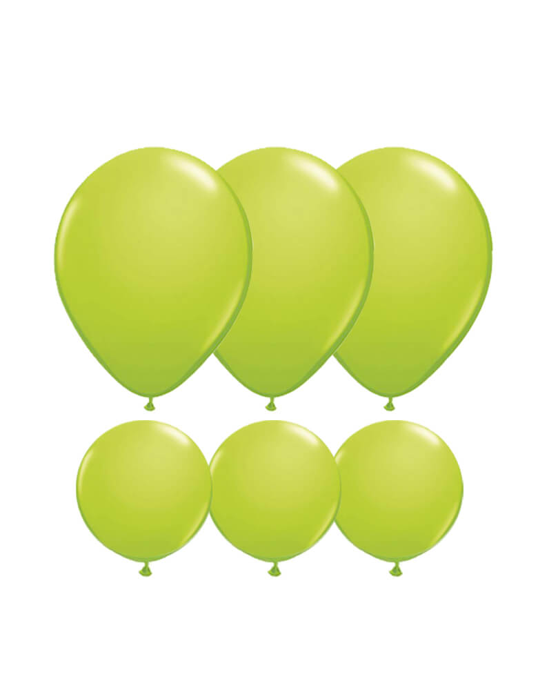Set of 12 Qualatex Latex Balloon Mix including six 11-inch lime green balloons and six 5-inch lime green balloons