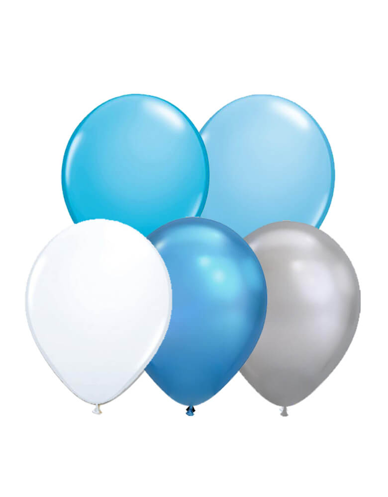 Qualatex 11" Latex Balloon Mix of blue, pale blue, white, chrome silver and chrome blue for a shark or under the sea party