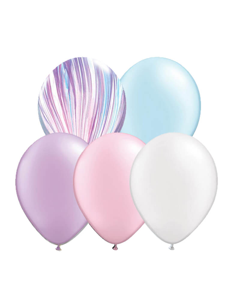 Qualatex 11" latex balloon mix of pearl blue, pearl pink, pearl purple, pearl white and fashion agate balloons for a unicorn themed party