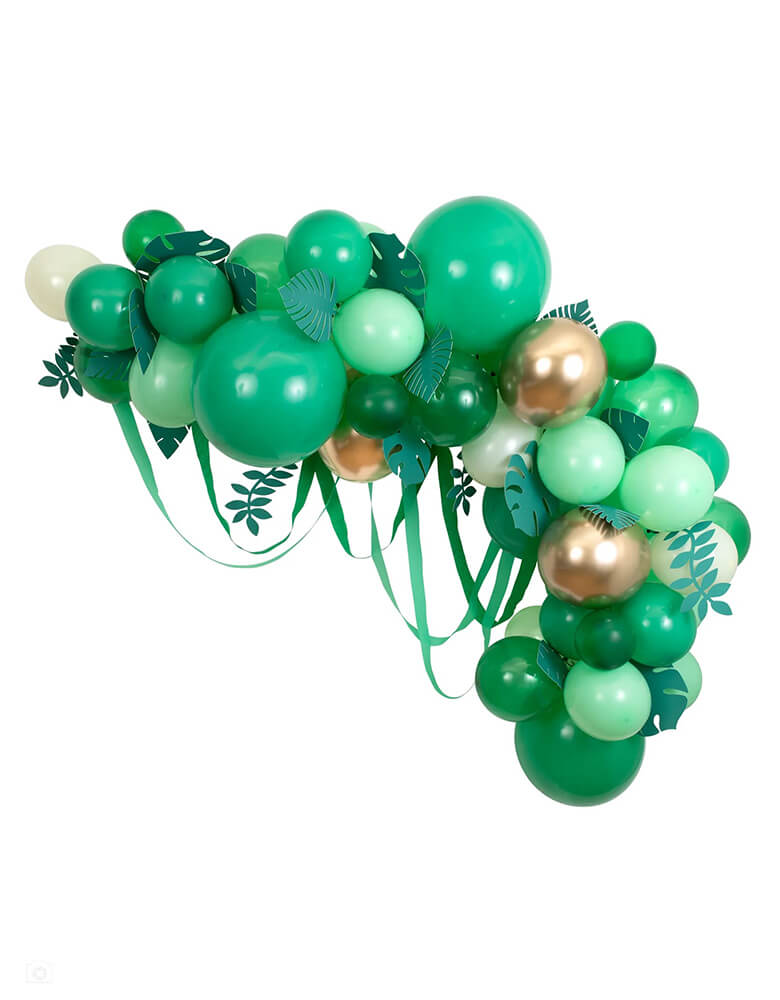Meri Meri leafy balloon arch including 44 balloons, including 44 balloons in the different shades of green, gold and ivory, paper leaves and crepe paper streamers, it is the perfect backdrop for a safari, jungle, or dinosaur party.