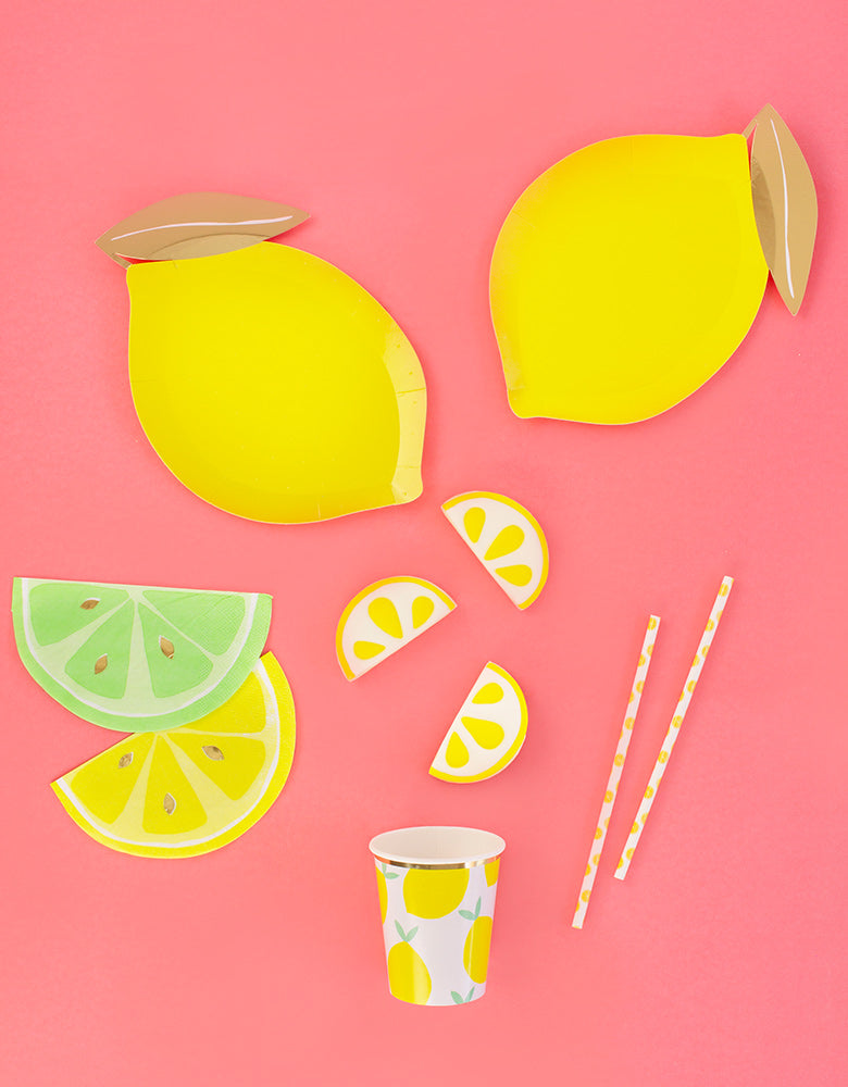 Lemon Shaped Party Paper Plates with Napkins and Lemon Cups as Lemonade Party