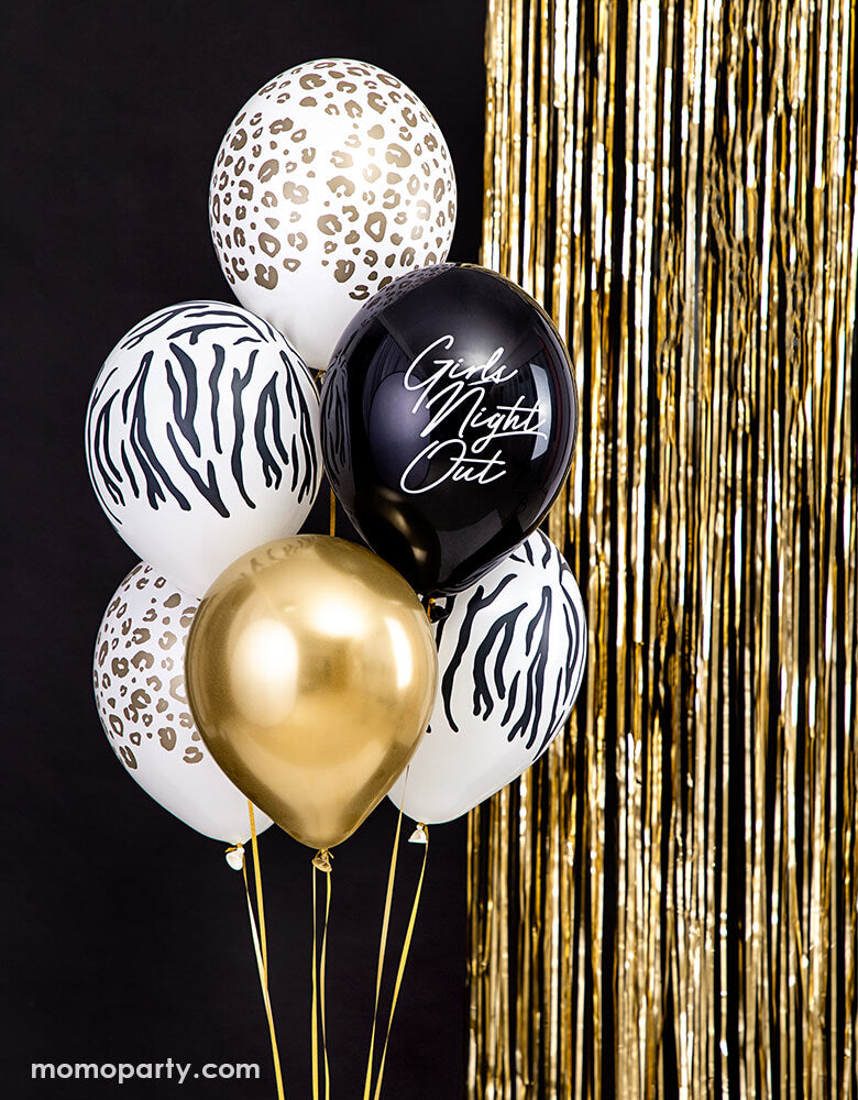 balloon bouquet of Party Deco Leopard Print Latex Balloon, zebra print latex balloon, gold latex balloon, and black latex with "girls night out" text latex balloon, and gold fringe curtain behind the balloons