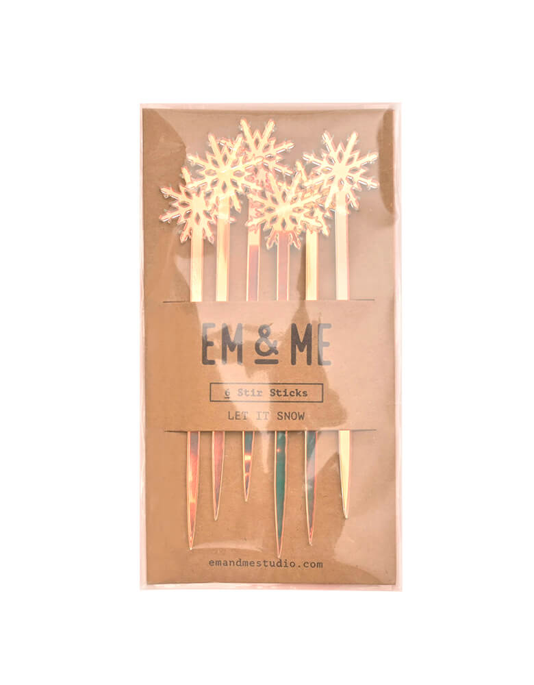 EM & ME - Let It Snow Stir Sticks. This grouping of snowflakes comes set of 6 of holographic acrylic snowflake stir sticks. add a little extra glimmer of sparkle to any holiday, winter, or Frozen inspired party.