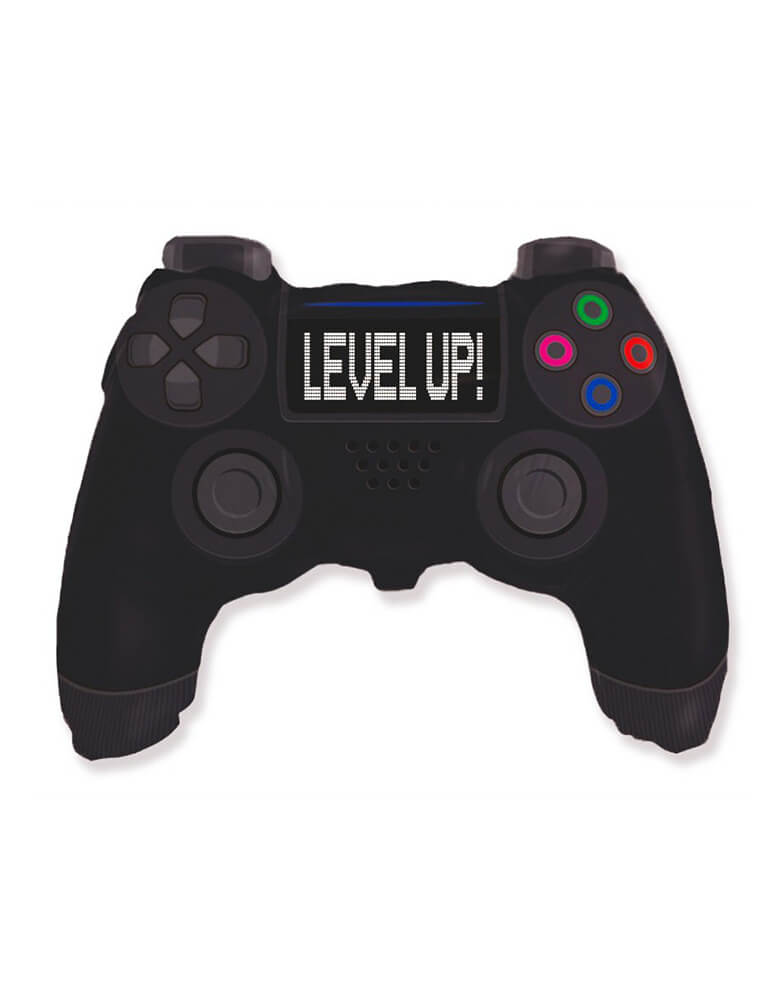 27 inches Level Up! Controller Foil Balloon. Feathering a Controller shape balloon with colorful buttons and Level Up text print on it. Add this awesome game controller shaped foil balloon to your little gamer's birthday celebration! 