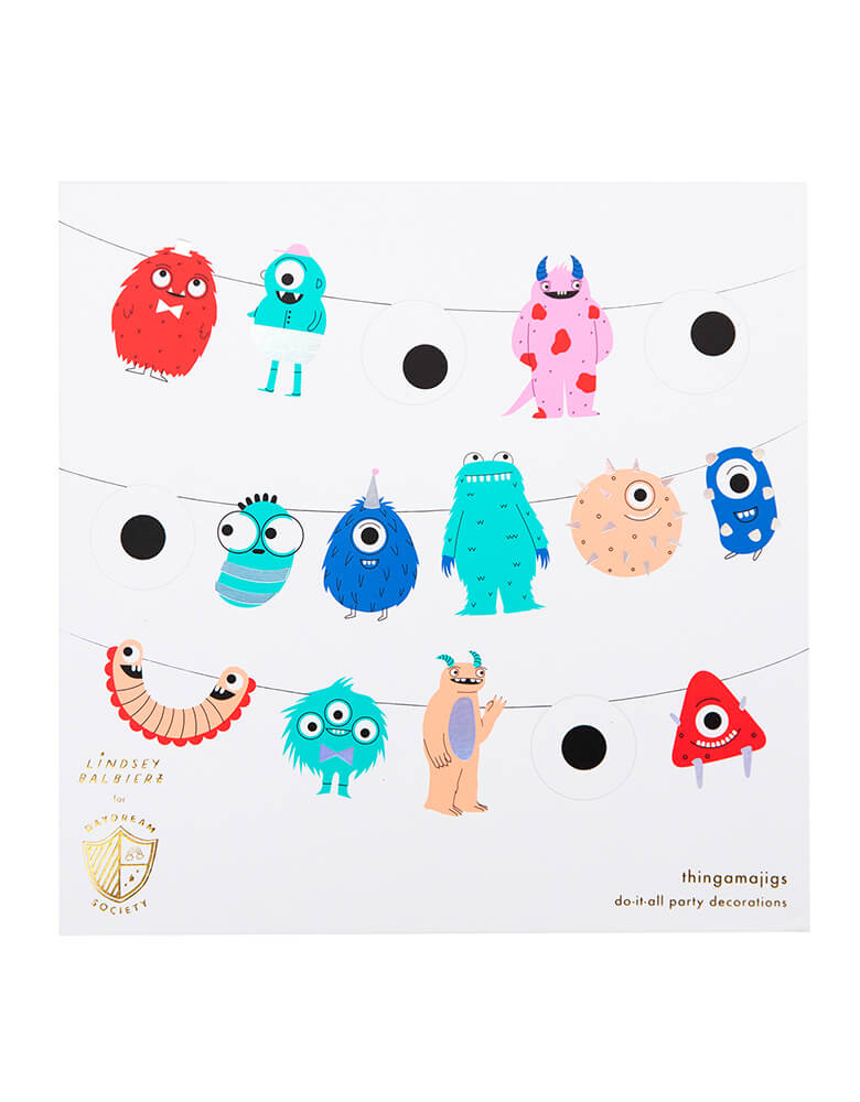 Little Monsters Thingamajigs by Jollity & Co Party Boutique - Daydream society collection. This Little Monsters Garland Set Set includes 16 pieces Featuring a bright color palette full of neons and pops of holographic silver foil, these monster thingamajigs deliver monstrous amounts of fun! 