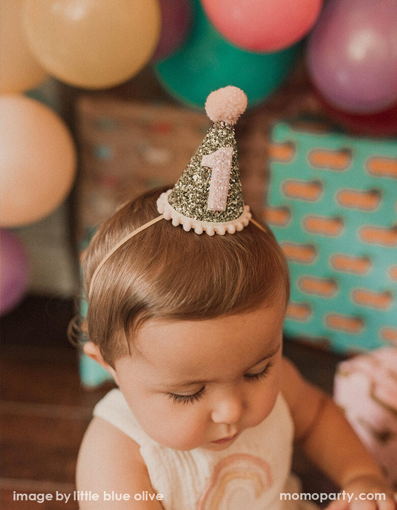Gold Glitter + Pink Pom Pom First Birthday Hat