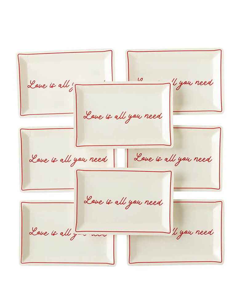 Momo Party's 9" x 6" rectangular plates by My Mind'd Eye, comes in a set of 8, with a simple red line at the edge, and a message of "Love is all you need" in beautiful script font, it gives a modern and chic look to your Valentine's Day party table.