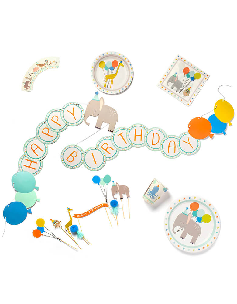 Lucy Darling Party-Animal-_Party-in-a-Box  including dinner plates, dessert plates, napkins, party cups, cupcake wrappers, cake toppers and birthday banner