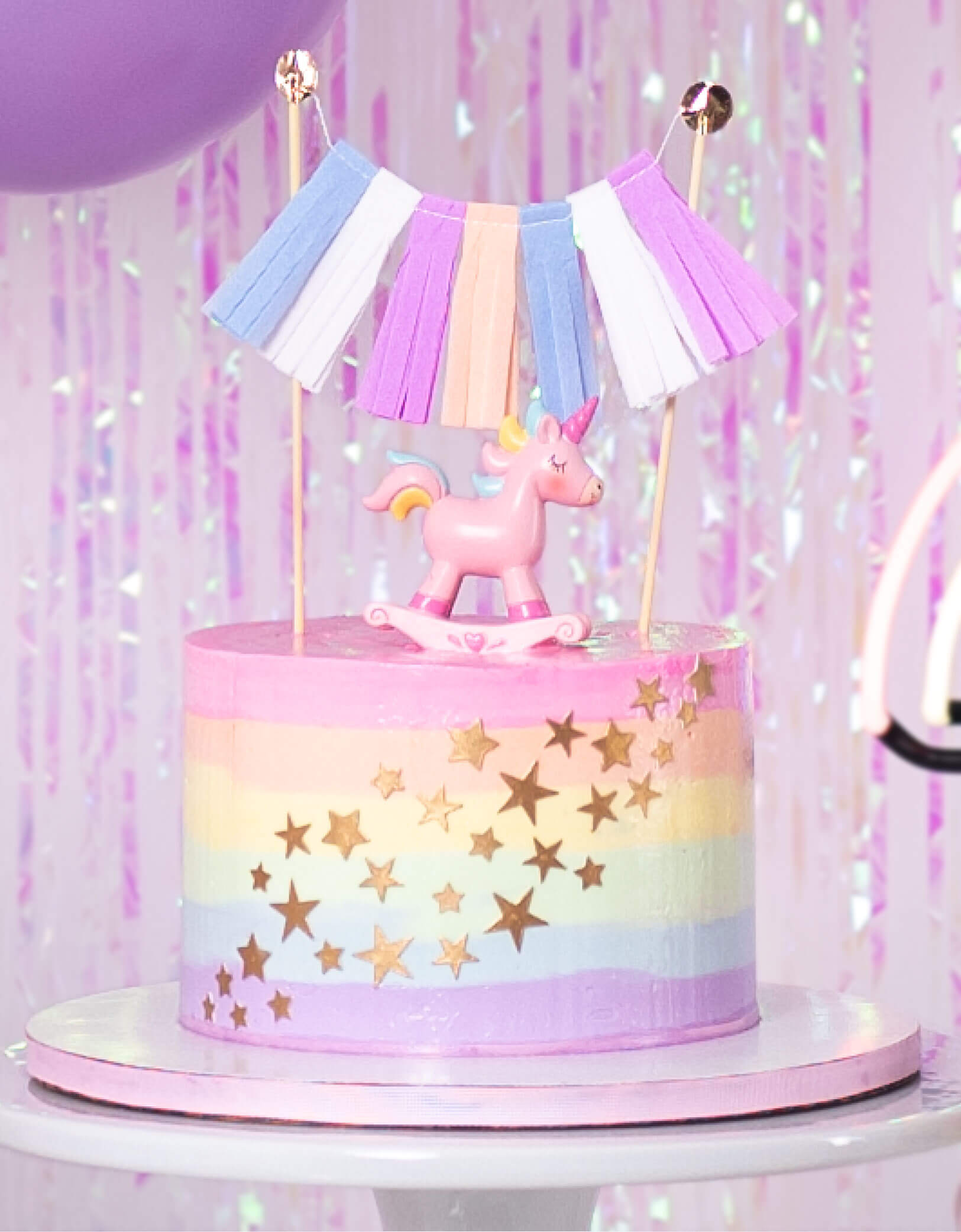 Pastel Rainbow cake with Unicorn and Pastel Tassel cake toppers 
