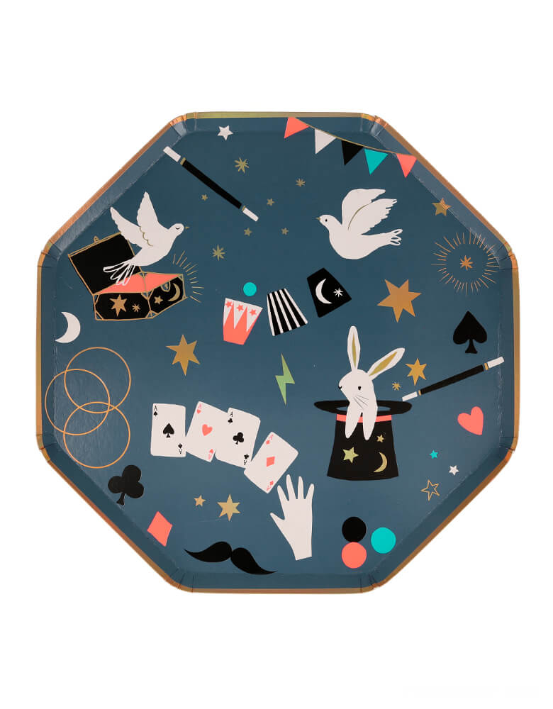 Meri Meri Magic Dinner Plates, featuring iconic magical design with modern illustration of bunny in the hat, magic cards, dove out of the box, flag, mustache, Magic Wands design. Plates are crafted in an octagonal shape with golden foil border, and golden foil details.  They're perfect for a magic themed celebration!