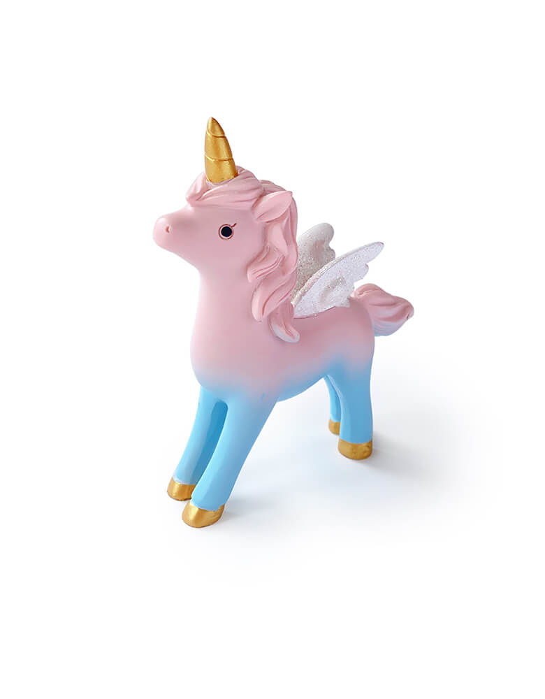 Magical Unicorn Cake Topper, 4 inch tall, with Pink body and pastel blue legs, gold horn and gold stars on the body. Unicorn toy, Unicorn figure, Unicorn display toy for a Unicorn lover and rainbow birthday party, unicorn birthday party gift