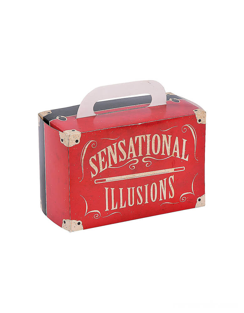 Back design of Magical Party Favor Boxes. Featuring a Magic suitcase shape with "Sensational illusions" words.These treat boxes come designed to look like a marvelous magician's trunk which are perfect for Goodes and candies!