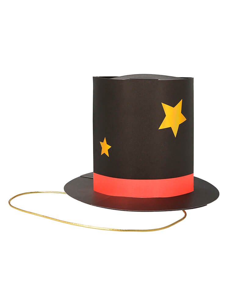 Meri Meri Magician Party Hats. The hats feature metallic gold elastic, which is threaded through the holes and knotted Lots of gold holographic detail for a stylish effect. hey are perfect for a magic show themed celebration where you want to have a magical time.