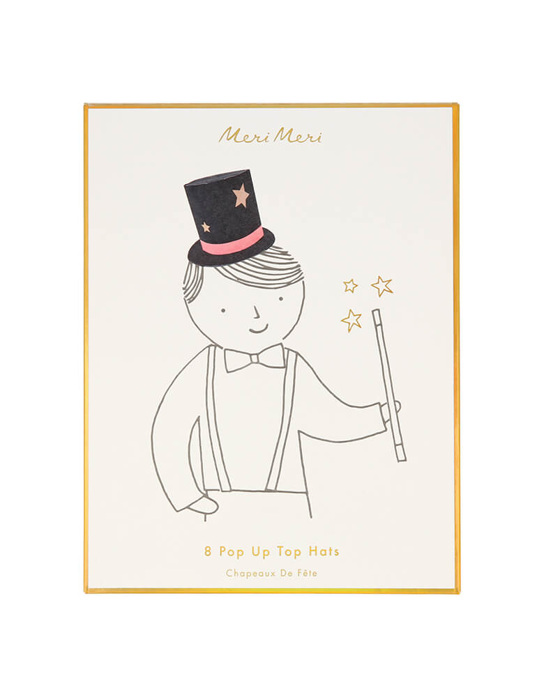 package design of Meri Meri Magician Party Hats. with single line drawing boy wearing the magic hat, printed on the box with gold foil edge