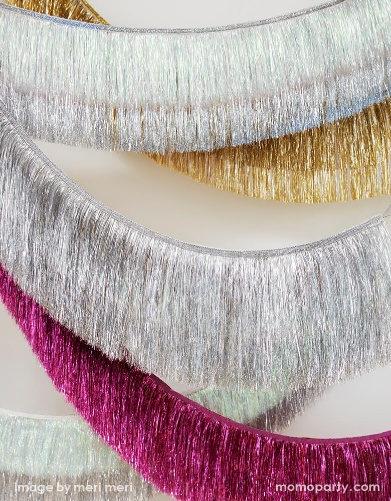 Meri meri Holiday Tinsel Fringe Garlands in Sliver, pink, gold