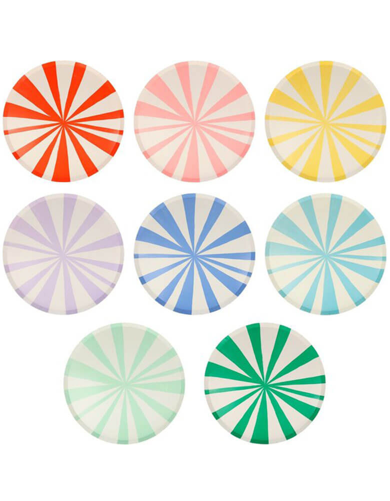 Meri Meri 10" Mixed Stripe Dinner Plates in 8 colors of red, pink, yellow, lilac, navy, blue, mint and green
