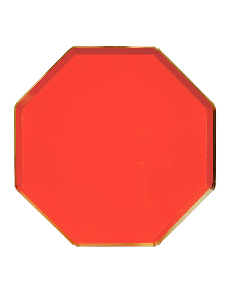 Meri Meri - Red Dinner Plates. pack of 8. Made from high-quality card with a shiny gold foil border and superb gloss finish, they are great for christmas party, superhero party, Farm themed birthday, or any modern party and celebrations