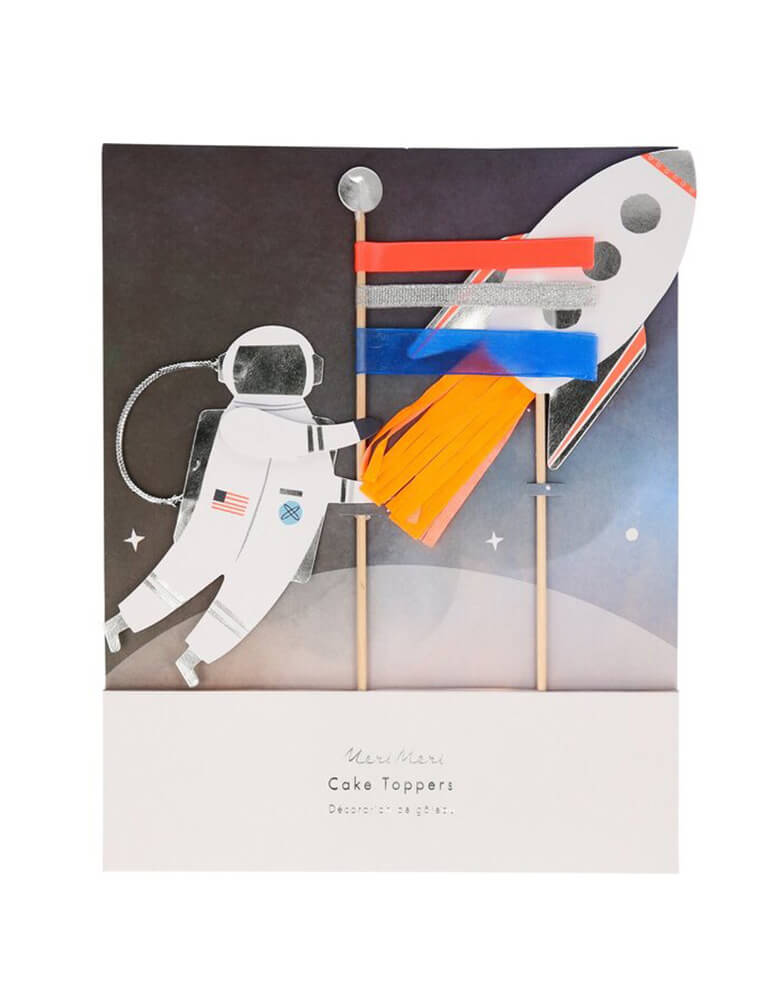 Meri Meri Space Cake Toppers featuring astronaut and rocket ship designs perfect for kid's Space themed birthday party