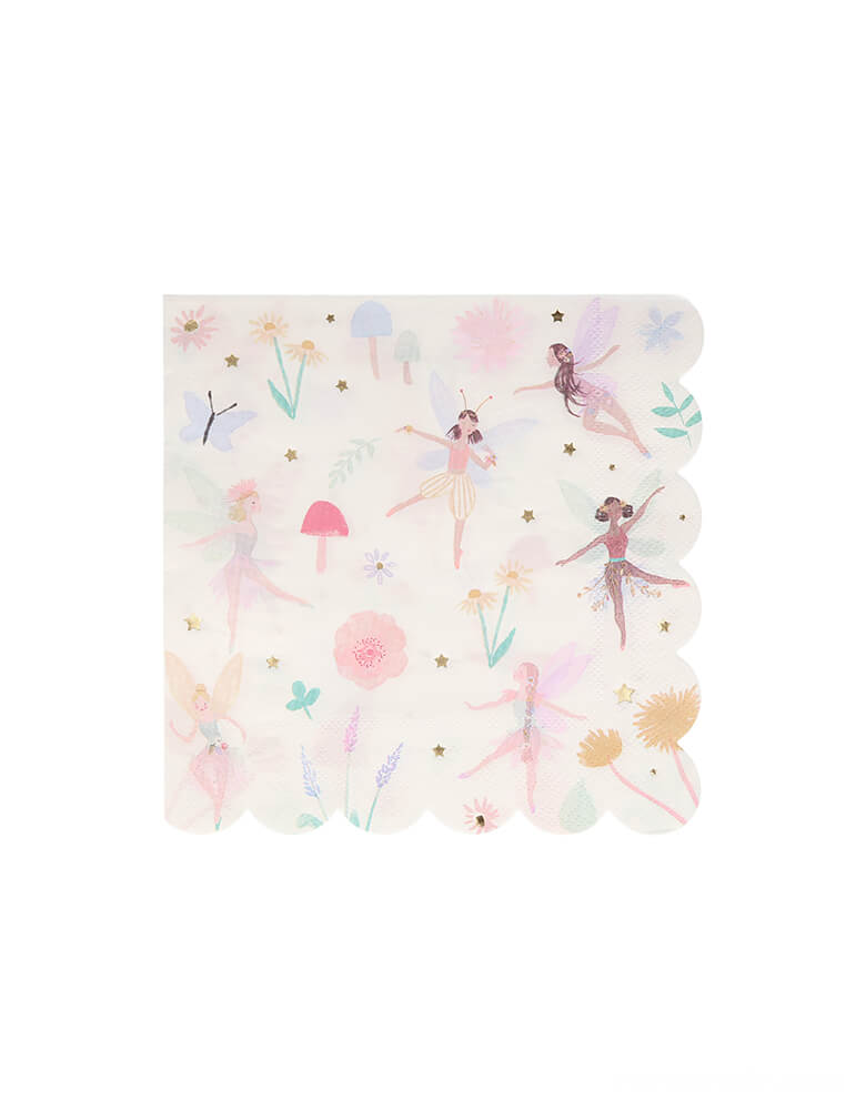 Meri Meri Large Fairy Napkins. featuring dancing fairies, toadstools, flowers and butterflies, are perfect for a fairy or princess party. They have a stylish scallop edge and lots of shimmering gold foil detail. They are an ideal way to add a touch of magic to the party table!