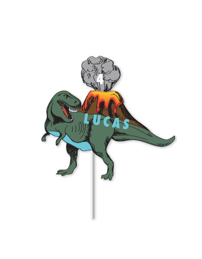 Merilulu-Dinosaur-Party-Custom-Cake-Topper with dinosaur and volcano with kids name Lucus for his 4th birthday party