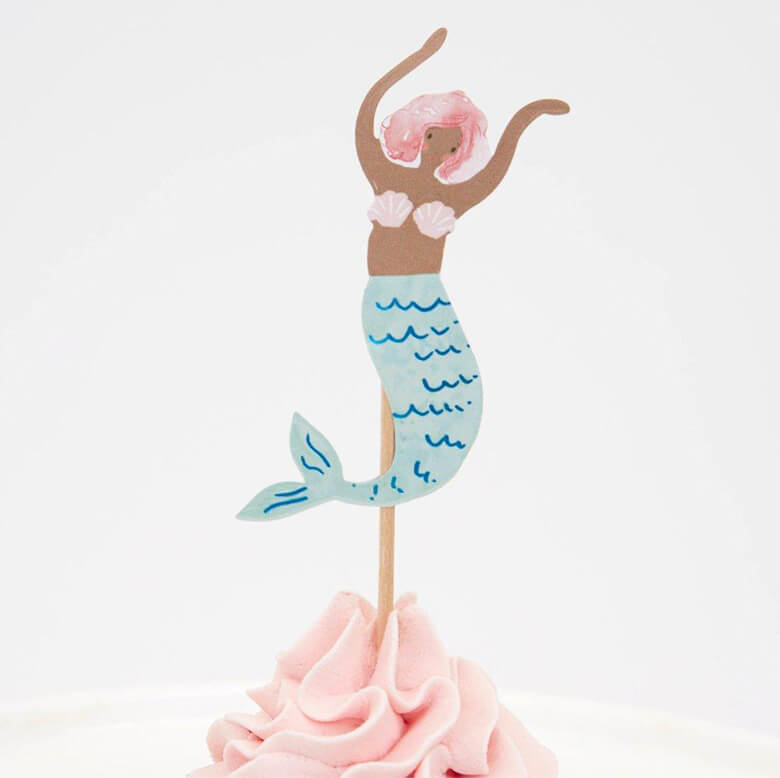 Meri Meri Mermaid Cupcake Kit topper with a watercolor illustrated light blue swimming mermaid with pink hair design